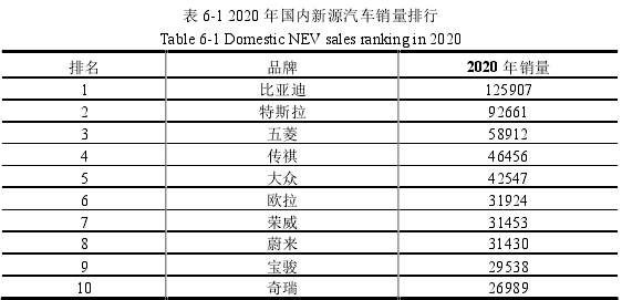 表 6-1 2020 年国内新源汽车销量排行 